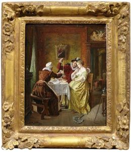 Saloninterieur Mit Einem Kavalier, Der Einer Jugen Frau Eine Kette Prasentiert, Wahrend Eine Altere Dame Wein Einschenkt