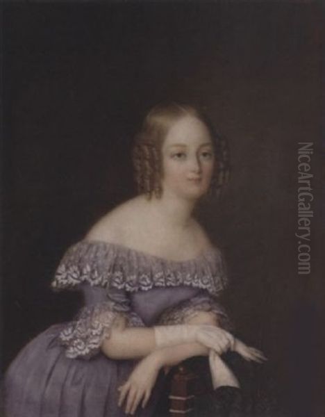 A Lady, Her Blonde Hair In Ringlets, Leaning On The Back Of A Chair Draped With Embroidered Shawl, Wearing Blue-mauve Dress With White Lace Collar And Cuffs, A White Glove On Her Right Hand - view 1