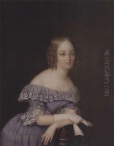 A Lady, Her Blonde Hair In Ringlets, Leaning On The Back Of A Chair Draped With Embroidered Shawl, Wearing Blue-mauve Dress With White Lace Collar And Cuffs, A White Glove On Her Right Hand A Lady, Her Blonde Hair In Ringlets, Leaning On The Back Of A Chair Draped With Embroidered Shawl, Wearing Blue-mauve Dress With White Lace Collar And Cuffs, A White Glove On Her Right Hand