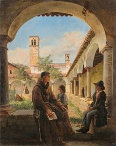 Monch Mit Zwei Kindern Im Kreuzgang Des Kapuzinerklosters Von Lugano by Aurele Robert