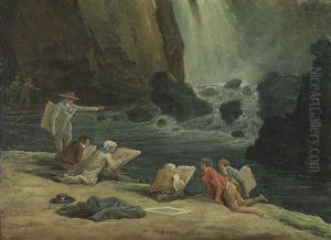 Artists Sketching At Tivoli; And The Fountain Of Liberty (pair) by Hubert Robert