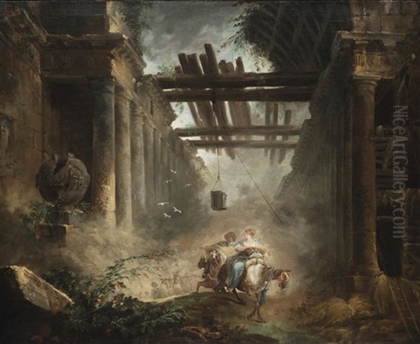 Figures On Horseback Departing A Ruined, Vaulted Building With Colonnades - view 1