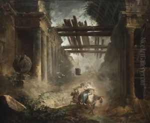 Figures On Horseback Departing A Ruined, Vaulted Building With Colonnades