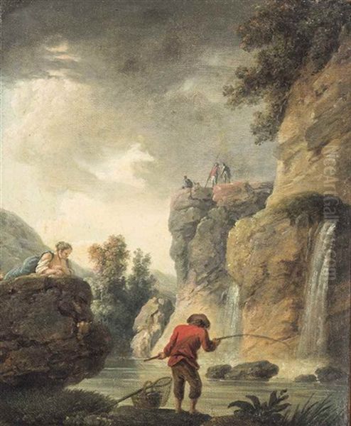 A River Landscape With An Angler On A Shore By A Waterfall - view 1