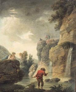 A River Landscape With An Angler On A Shore By A Waterfall A River Landscape With An Angler On A Shore By A Waterfall