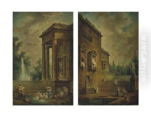 Caprice Architectural Avec Un Jeune Homme Dessinant Des Lavandieres; Caprice Architectural Avec Un Bassin Et Un Puits (2 Works) by Hubert Robert
