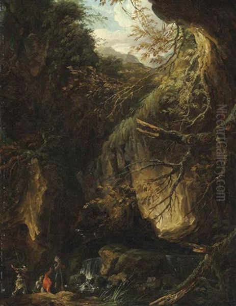 Soldiers By A Waterfall In A Wooded Landscape - view 1