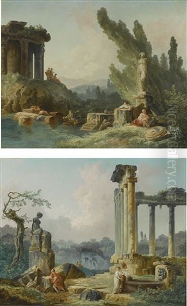 A Woman Fishing And Other Figures By Roman Ruins; Women Drawing Water From A Basin While A Man Contemplates A Classical Statue - view 1