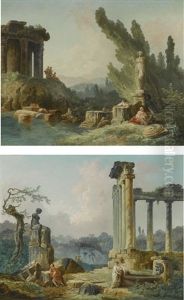 A Woman Fishing And Other Figures By Roman Ruins; Women Drawing Water From A Basin While A Man Contemplates A Classical Statue by Hubert Robert