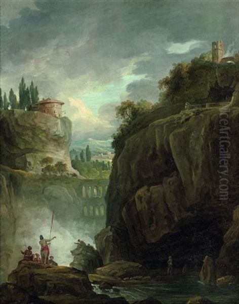 Paysage Rocheux Au Pont Et A La Cascade Anime De Personnages - view 1