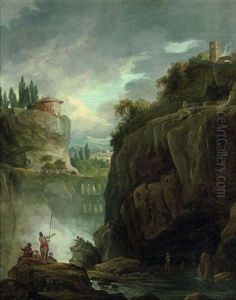 Paysage Rocheux Au Pont Et A La Cascade Anime De Personnages by Hubert Robert