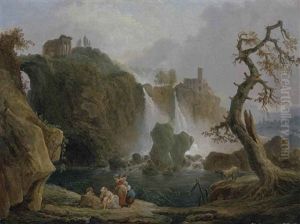 A Capriccio Of Tivoli With Peasants Resting Before A Waterfall, Classical Ruins And A Villa Beyond