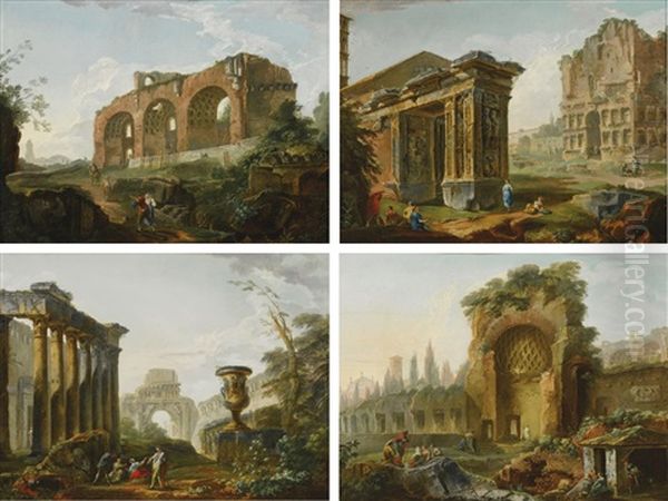 Architectural Capriccio With The Basilica Of Constantine; Architectural Capriccio With The Arco Degli Orefici Next To San Giorgio In Velabro And The Arco Di Giano; Architectural Capriccio With The Temple Of Faustina, The Arch Of Titus And The Walls Of The - view 1