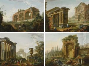 Architectural Capriccio With The Basilica Of Constantine; Architectural Capriccio With The Arco Degli Orefici Next To San Giorgio In Velabro And The Arco Di Giano; Architectural Capriccio With The Temple Of Faustina, The Arch Of Titus And The Walls Of The by Hubert Robert