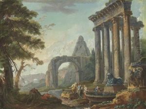 An Architectural Capriccio With The Temple Of Saturn, The Arch Of Titus And The Pyramid Of Caius Cestius, With Figures Before A Fountain In The Foreground by Hubert Robert