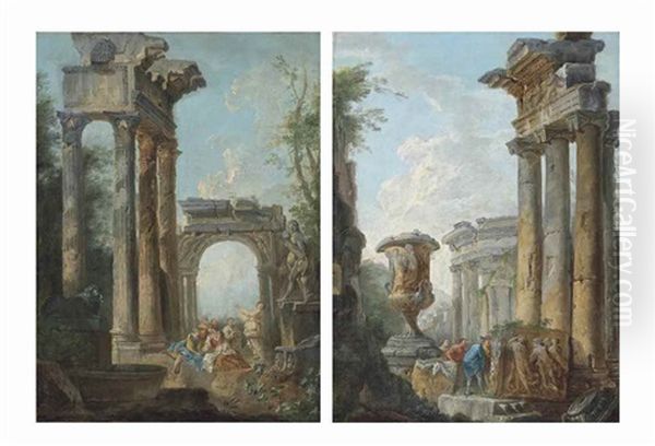 A Classical Capriccio Of Figures Conversing Before A Statue Of Silenus And The Infant Dionysus By The Temple Of Vespasian And Titus; And A Classical Capriccio Of Figures Discussing A Relief Sculpture By The Borghese Vase, The Temple Of Vesta Beyond - view 1