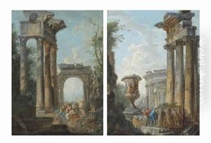 A Classical Capriccio Of Figures Conversing Before A Statue Of Silenus And The Infant Dionysus By The Temple Of Vespasian And Titus; And A Classical Capriccio Of Figures Discussing A Relief Sculpture By The Borghese Vase, The Temple Of Vesta Beyond by Hubert Robert