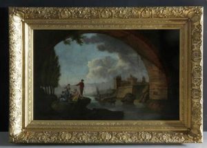 Scene Of People At A River With Cattle In The Background by Hubert Robert