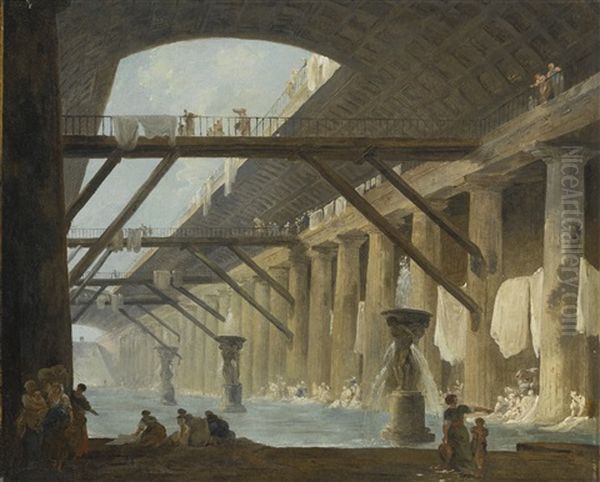 An Ancient Roman Bath With Women Washing Laundry - view 1