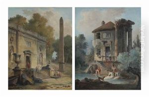 Capriccio Of An Obelisk And A Ruined Classical Building With Figures; And Capriccio Of A Washerwomen And A Dog (pair)