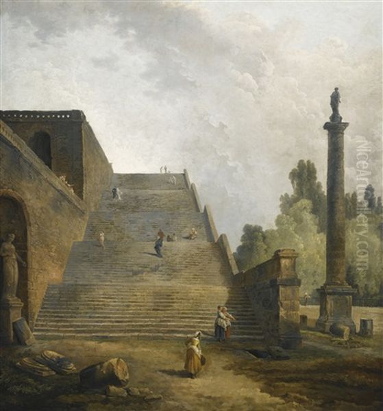 Figures Walking Up A Monumental Staircase - view 1