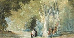 A Parkland Landscape With Elegant Figures Before A Statue by Hubert Robert
