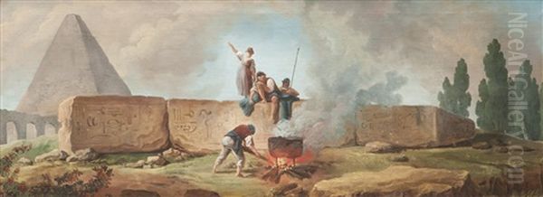 Obelisque Avec Des Personnages Autour D"un Brasero - view 1