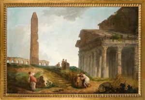 Capriccio : Six Personnages Pres De Monuments Romains En Ruines, Le Pantheon, Un Obelisque Et Des Arcades by Hubert Robert