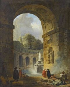 Fantaisie De Ruines Romaines Avec Arcades Et Fontaine Animee De Personnages