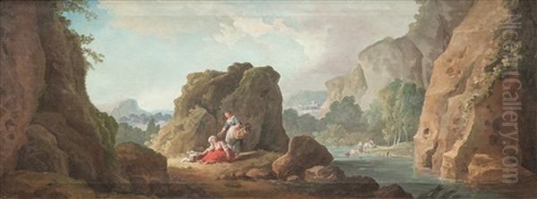 Paysage De Riviere Anime And Obelisque Avec Des Personnages Autour D"un Brasero (pair) - view 1