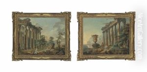 The Forum, Rome, With The Temple Of Antoninus And Faustina And Figures Resting In The Foreground (+ The Forum, Rome, With The Temple Of Saturn And Figures Conversing And Resting By A Sculpted Vase; Pair) by Hubert Robert