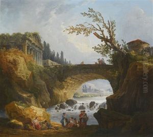 River Landscape With Washerwomen In The Foreground, An Arched Bridge And Ruined Temple Set High On The River Bank Beyond