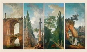 La Contemplation D'un Bas-relief Antique Dans Une Rue Romaine, Couple De Jeunes Femmes Embarquant Sur Un Canal Ombrage, Barque Accostant Sous L'arche D'un Pont, Jeunes Paysans Pres D'une Cascade (set Of 4) by Hubert Robert