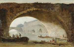 Vue Fantaisiste Du Louvre A Travers L'arche D'un Pont by Hubert Robert