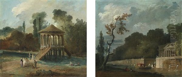 An Elegant Company Arriving At A River Belvedere And An Elegant Company Embarking On A Pleasure Boat From The Steps Of A Classical Palace (pair) - view 1