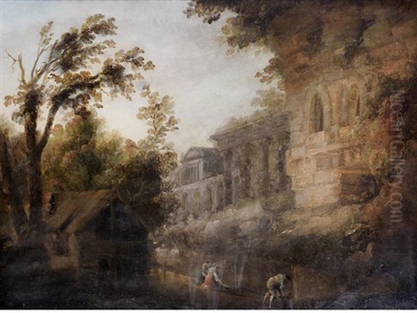 Capriccio Of Ruins With Figures Washing Clothes At A River In The Foreground - view 1