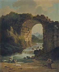 Lavandiere Pres D'une Arche De Pierre Et D'une Chute D'eau Lavandiere Pres D'une Arche De Pierre Et D'une Chute D'eau