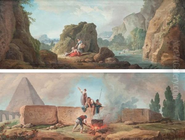 Paysage De Riviere Anime Et Obelisque Avec Des Personnages Autour D'un Brasero (pair) - view 1