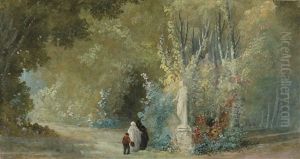 Landscape With Three Figures Before A Statue by Hubert Robert