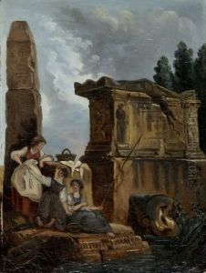 Ein Romisches Capriccio Mit Sarkophag, Obelisk Und Fischerinnen