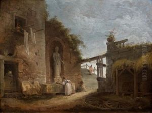 Femme A La Fontaine Dans Une Cour De Ferme by Hubert Robert