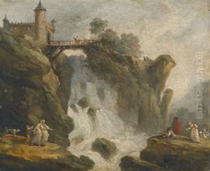 An Artist Sketching With Other Figures Beneath A Waterfall by Hubert Robert