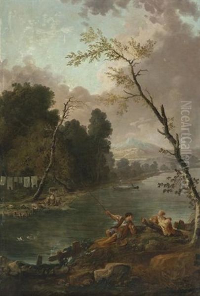 Lavandieres Et Pecheurs Au Bord D'une Riviere, Jeune Mere Et Ses Enfants Devant Les Cascades De Tivoli (pair) - view 1