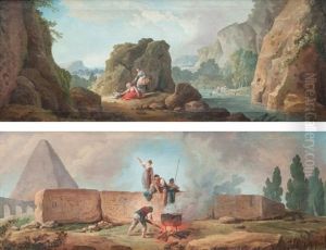 Obelisque Avec Des Personnages Autour D'un Brasero Et Paysage De Riviere Anime (pair)