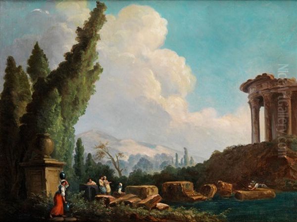 Sudliche Ruinenlandschaft Mit Rundtempel, Zypressen Und Figurenstaffage - view 1