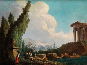 Sudliche Ruinenlandschaft Mit Rundtempel, Zypressen Und Figurenstaffage