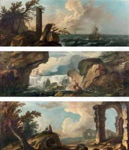 Pecheur Pres De La Cascade, Promeneurs Dans Un Paysage Avec Des Ruines Antiques Et Voilier Sur Une Mer Agitee (3 Works)
