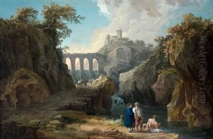 Paysage Au Pont Anime De Personnages by Hubert Robert