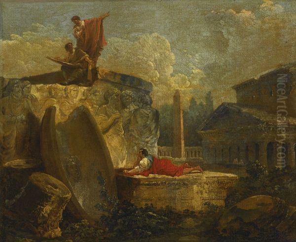 Draughtsmen In A Landscape With Antique Ruins - view 1
