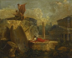Draughtsmen In A Landscape With Antique Ruins by Hubert Robert